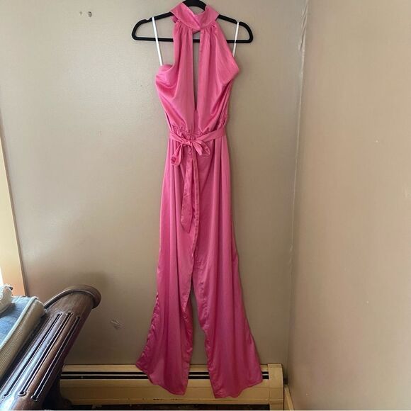 NWT More To Come Janece Keyhole Jumpsuit in Pink halter wide leg toe Revolve XL - Picture 12 of 13